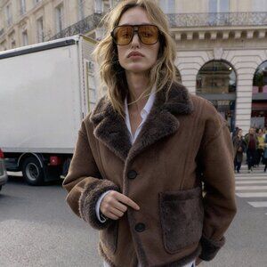 Ann Taylor Brown Faux Suede Jacket Coat Faux Sherling Lining Size: L